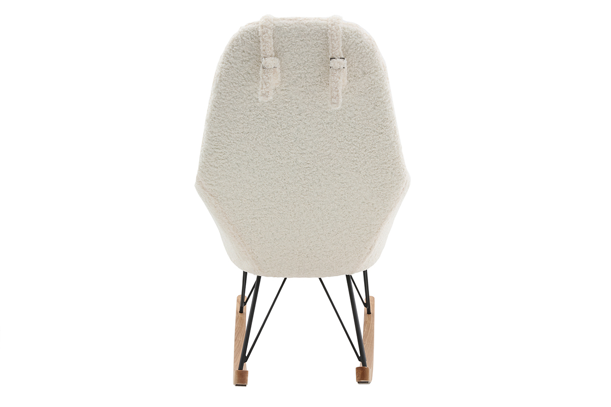 Fauteuil � bascule scandinave JHENE vue arri�re en tissu effet peau de mouton blanc, pi�tement en m�tal noir et bois clair.