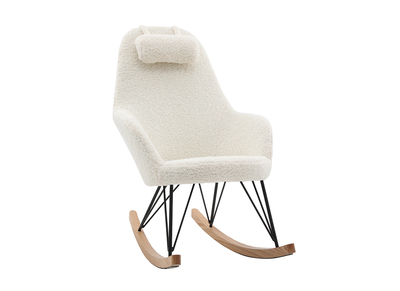 Rocking chair scandinave en tissu effet peau de mouton blanc, m&eacute;tal noir et bois clair JHENE