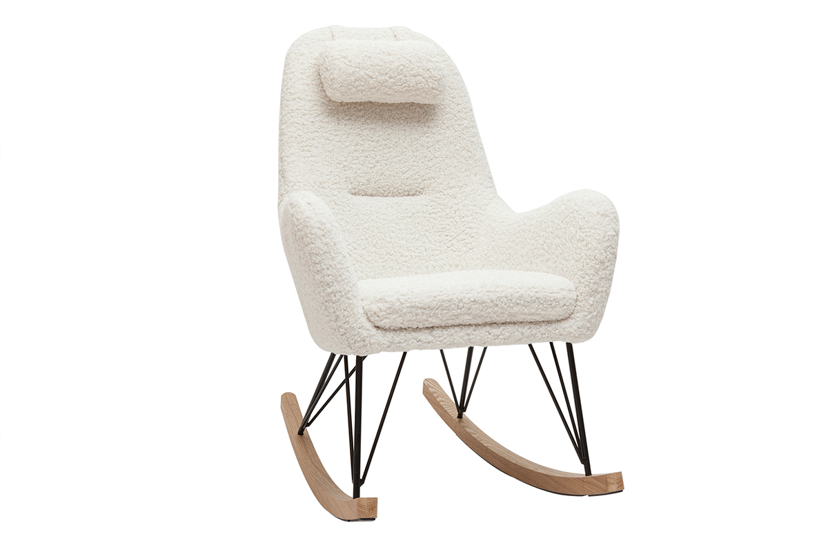 Rocking chair scandinave en tissu effet peau de mouton blanc, m�tal noir et bois clair MANIA