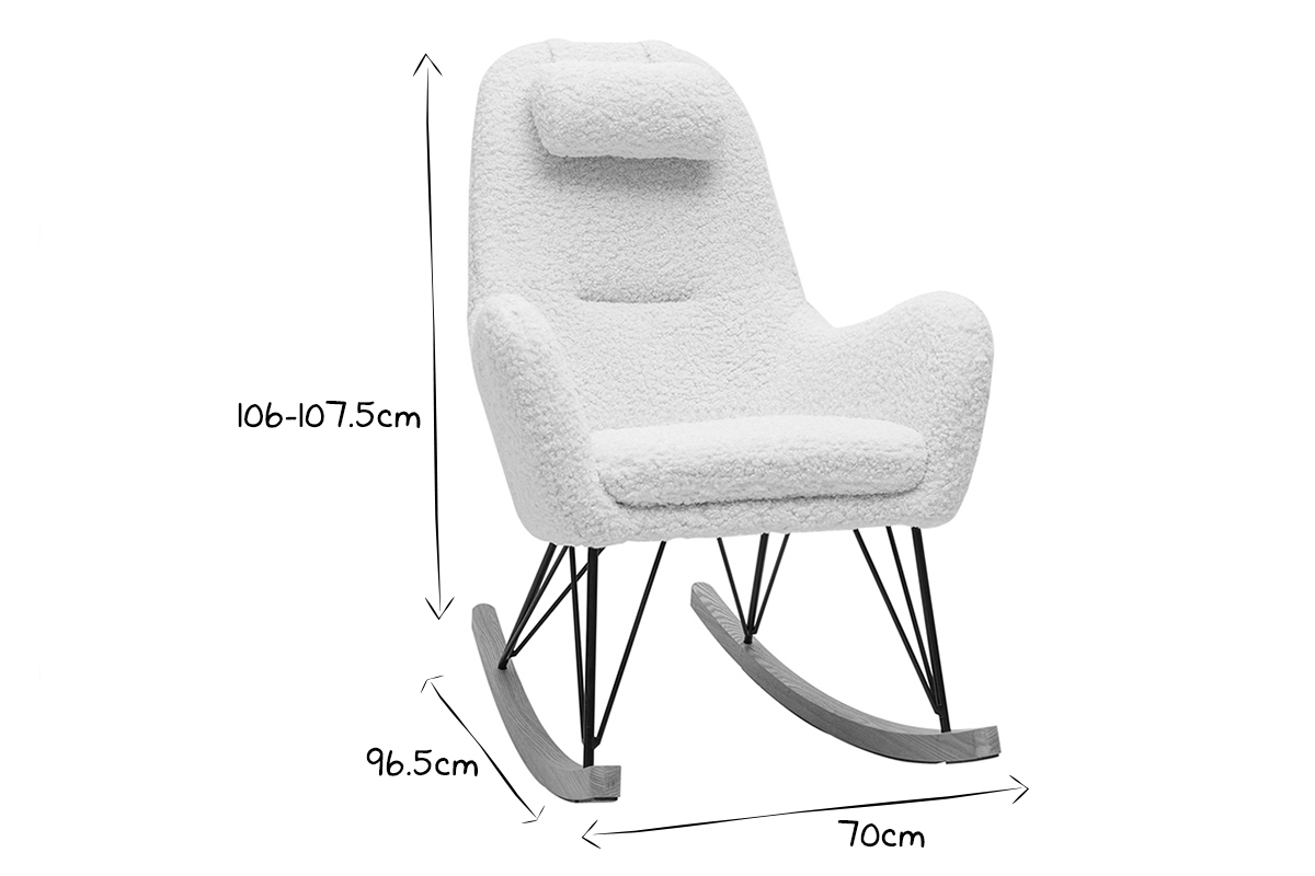 Rocking chair scandinave en tissu effet peau de mouton blanc, m�tal noir et bois clair MANIA