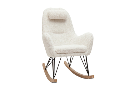 Rocking chair scandinave en tissu effet peau de mouton blanc, m&eacute;tal noir et bois clair MANIA
