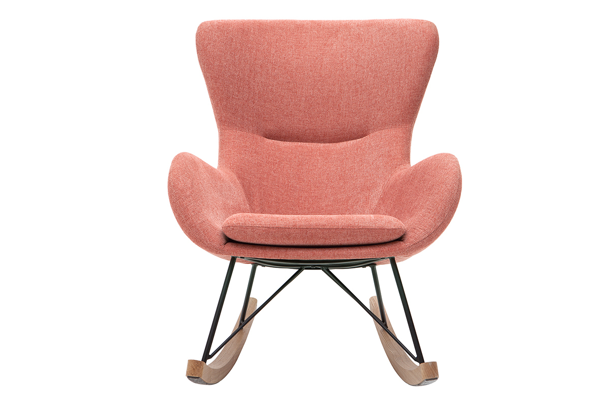 Rocking chair scandinave en tissu effet velours textur� terracotta, m�tal noir et bois clair ESKUA