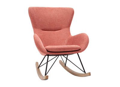 Rocking chair scandinave en tissu effet velours textur&eacute; terracotta, m&eacute;tal noir et bois clair ESKUA