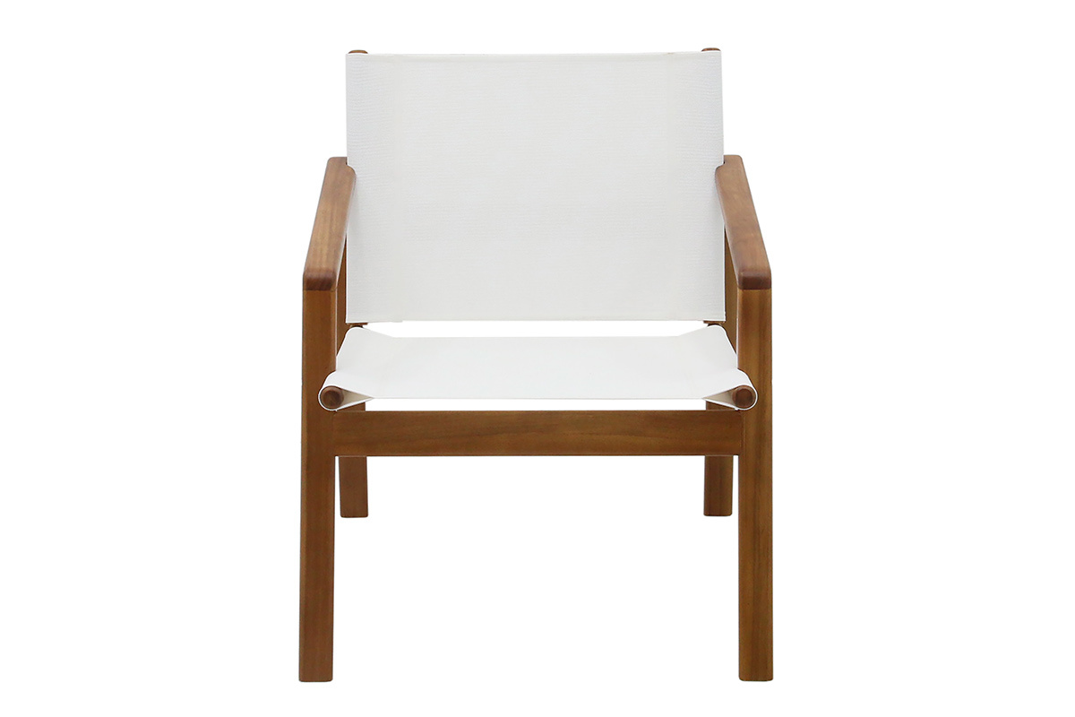 Fauteuil de jardin en bois massif et toile blanche, vue de face.