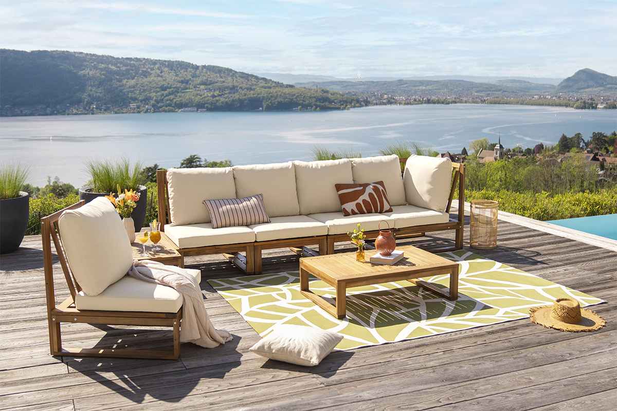 Salon de jardin d'angle 6-8 places en bois massif avec coussins d�houssables beige naturel SALSA