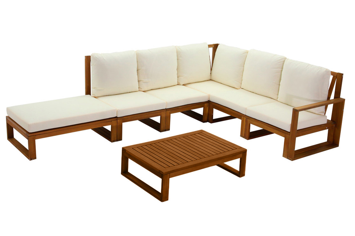 Salon de jardin d'angle 6-8 places en bois massif avec coussins d�houssables beige naturel SALSA