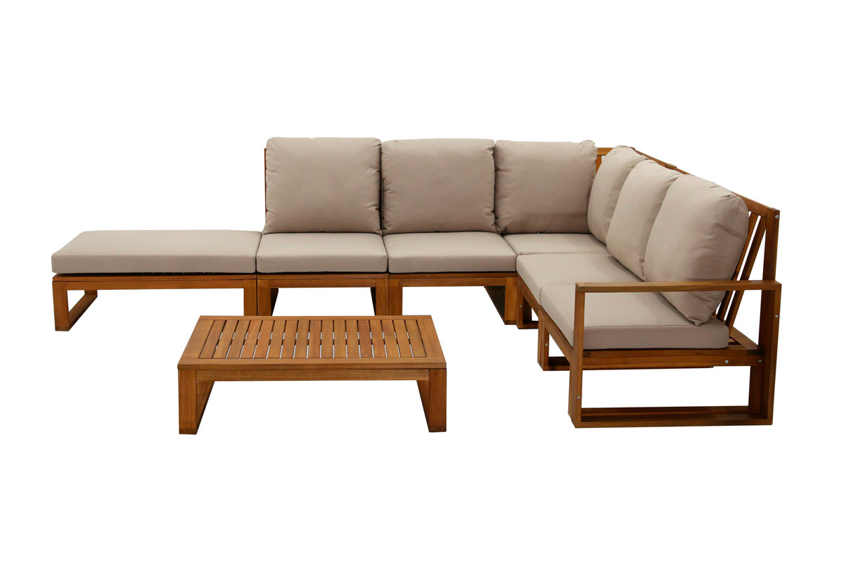 Salon de jardin d'angle 6-8 places en bois massif avec coussins d�houssables taupe SALSA