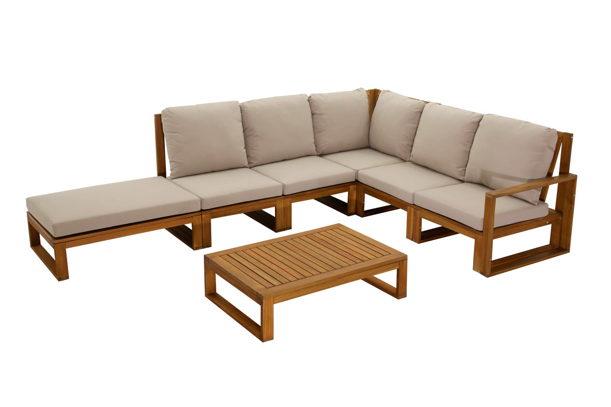Salon de jardin d'angle 6-8 places en bois massif avec coussins d�houssables taupe SALSA