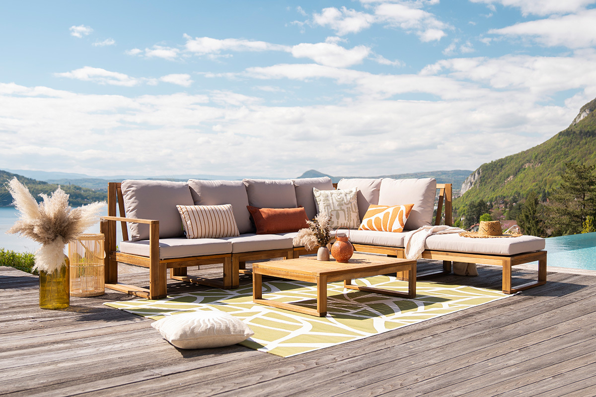 Salon de jardin d'angle 6-8 places en bois massif avec coussins d�houssables taupe SALSA