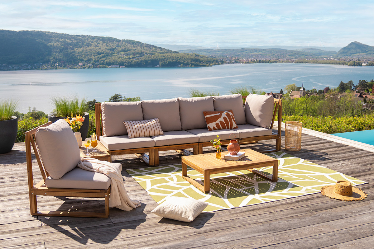 Salon de jardin d'angle 6-8 places en bois massif avec coussins d�houssables taupe SALSA