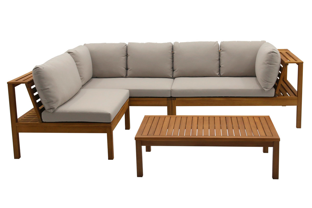 Salon de jardin d'angle 6 places en bois massif avec coussins d�houssables taupe BELIZE