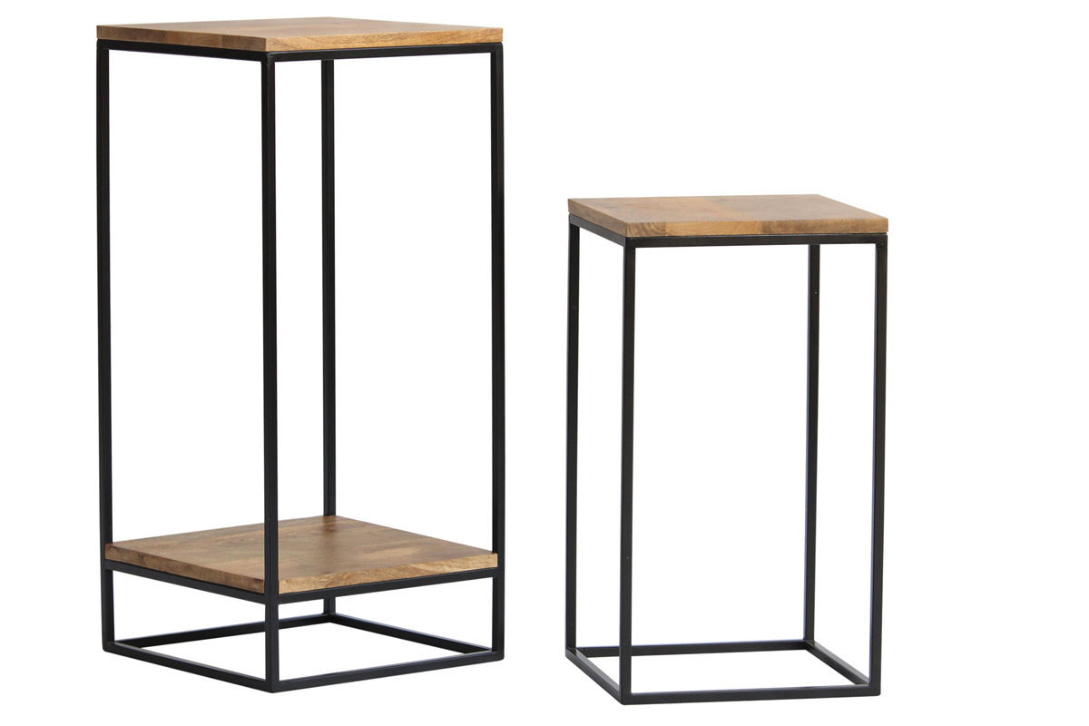 Sellettes gigognes en bois manguier massif et m�tal noir L34 cm (lot de 2)  IGGY