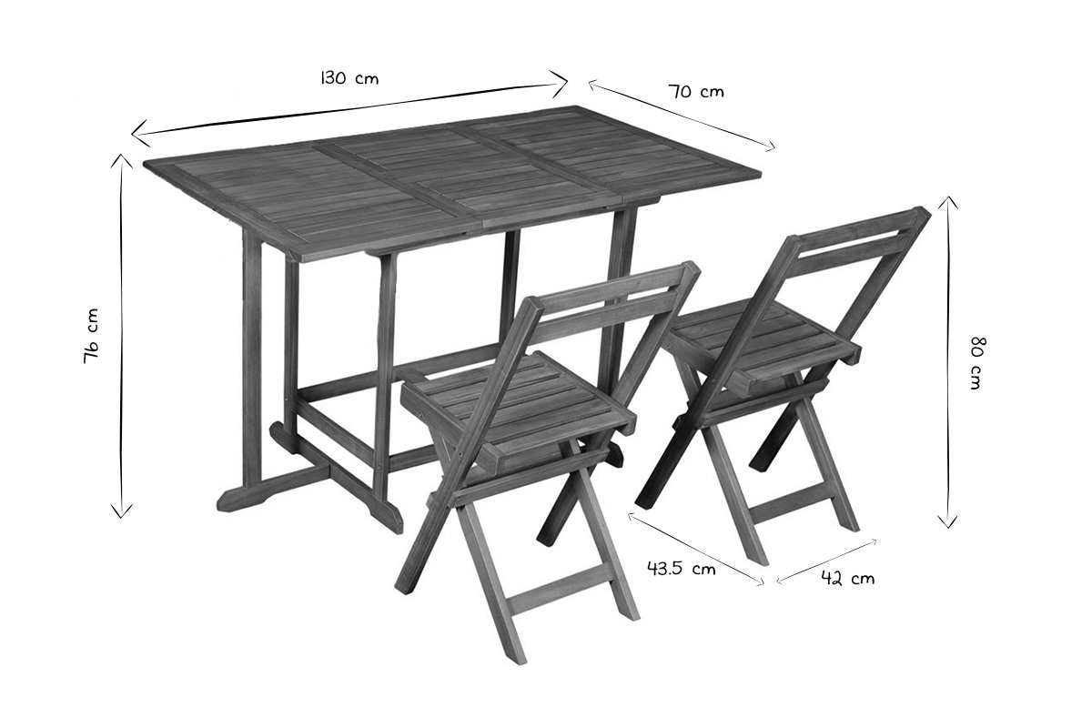 Dimensions d'une table extensible avec deux chaises pliantes, vue de c�t�, en noir et blanc.