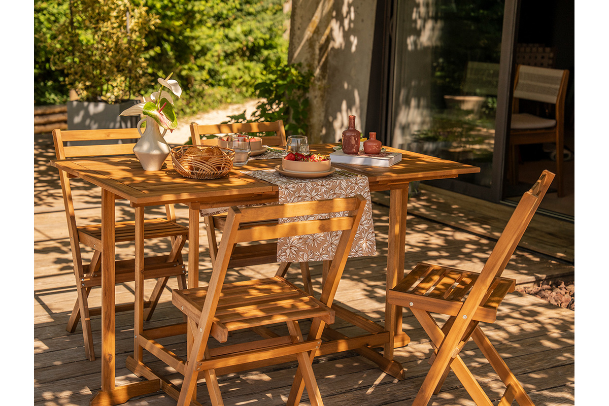Set d'une table extensible avec rangements et de 4 chaises pliantes en bois massif CARMEN