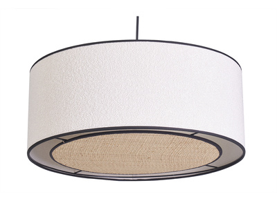 Suspension cylindrique en tissu effet laine boucl&eacute;e blanc et rabane naturelle D50 cm TRAVES