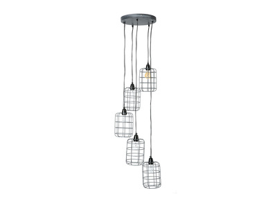 Suspension industrielle 5 lampes &eacute;tag&eacute;es en m&eacute;tal patin&eacute; effet vieilli L30 cm LOFT