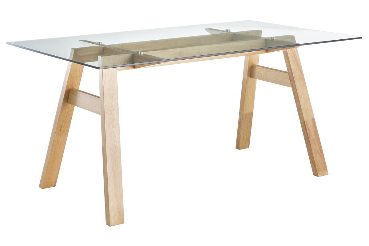 Table � manger design en verre transparent et bois clair L160 cm BACCO