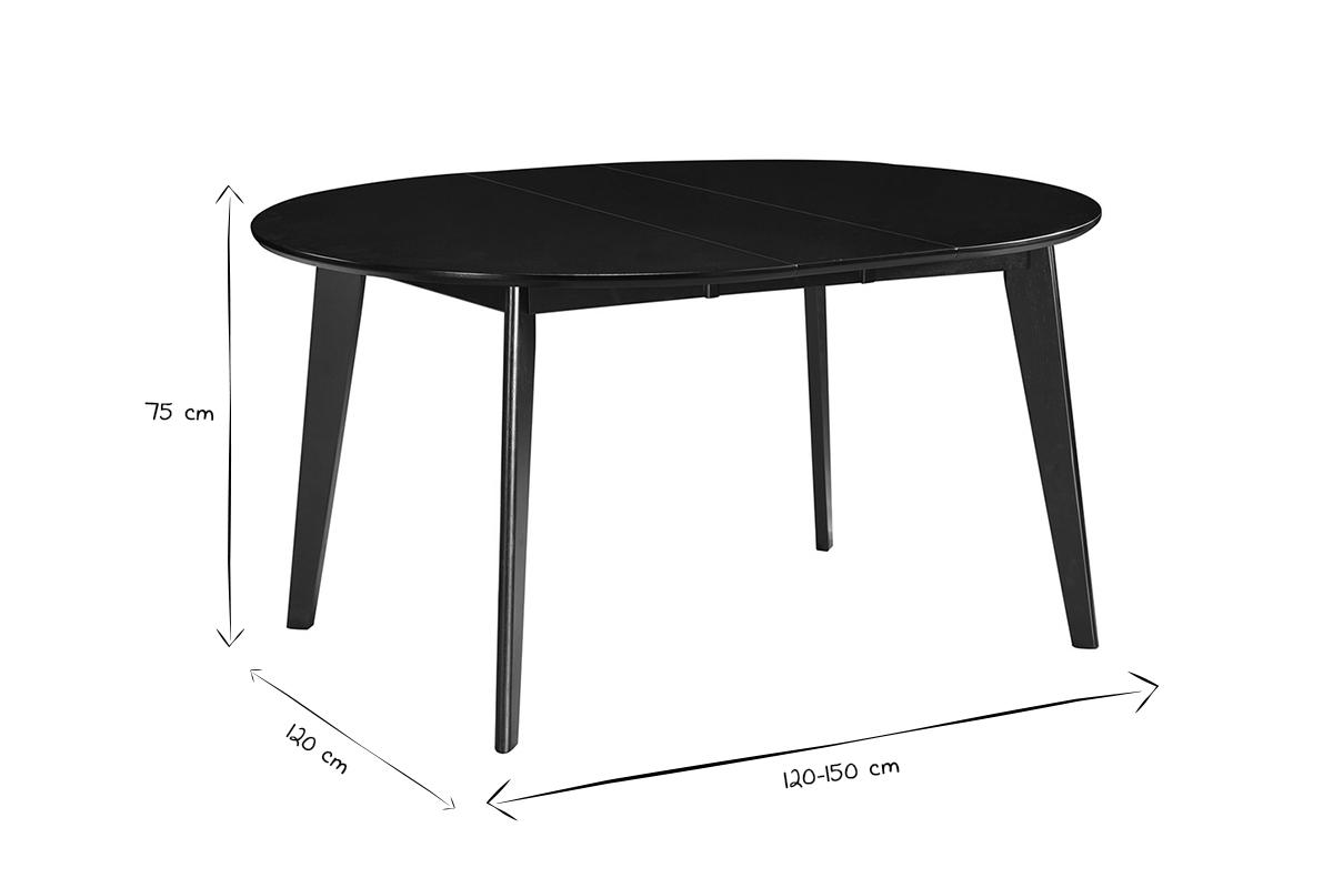Table � manger ronde extensible noire, dimensions 120-150x75 cm, vue de c�t�, noir et blanc.