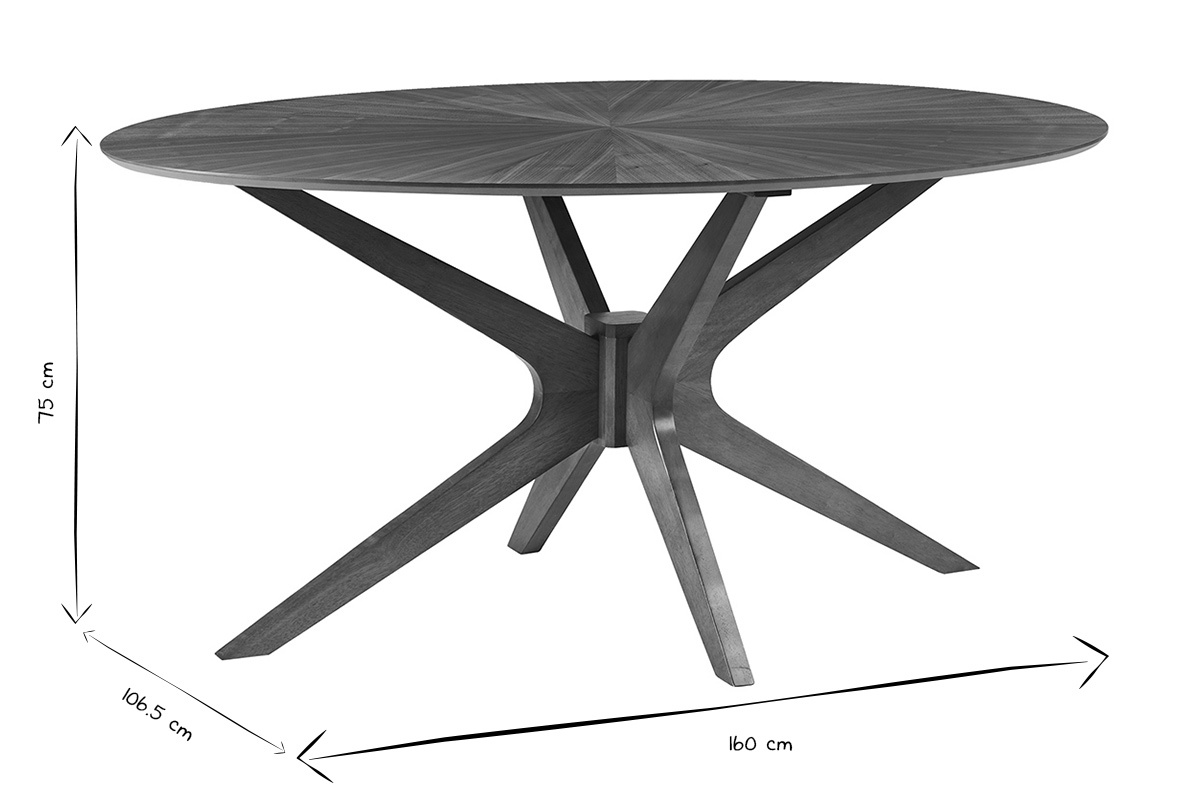 Table � manger ovale noyer L160 cm, dimensions avec pi�tement design, noir et blanc.