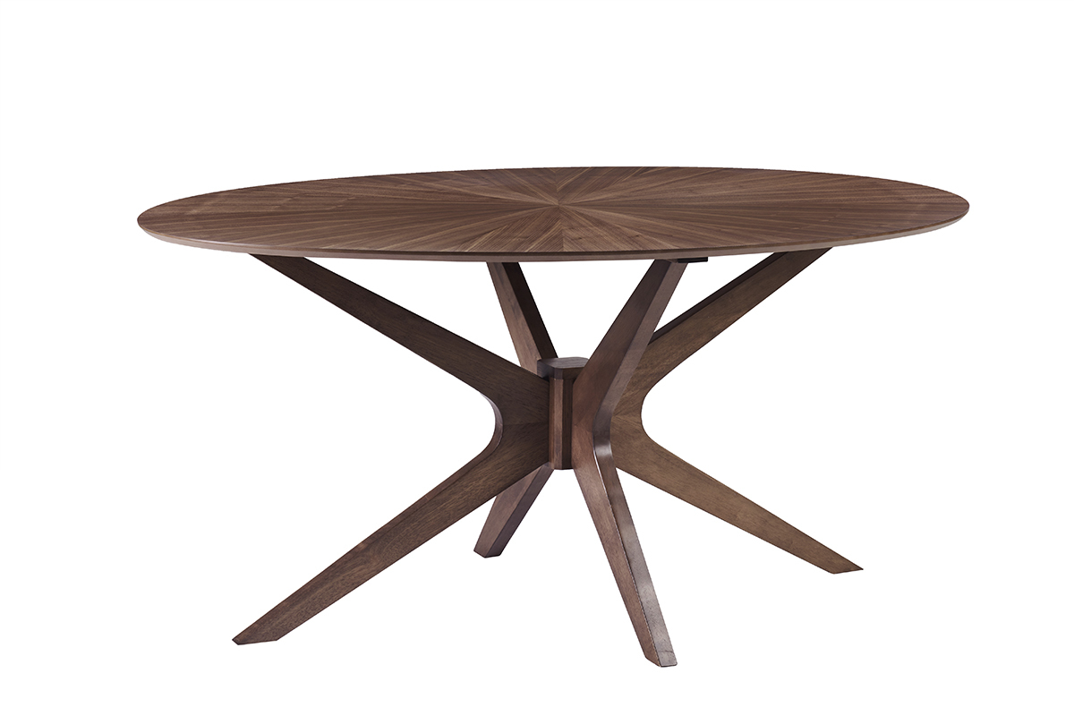 Table � manger ovale noyer, pi�tement sculptural en h�v�a, vue de 3/4.