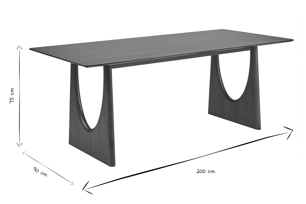 Dimensions de la table � manger rectangulaire KUALA en noir et blanc : L200 cm, P90 cm, H75 cm.