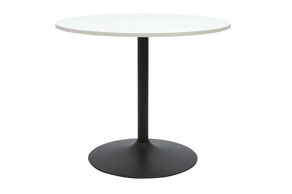 Table ronde blanche avec pied central en m�tal noir, vue de face.