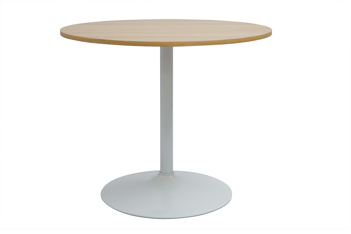 Table ronde en ch�ne clair et m�tal blanc, vue de face