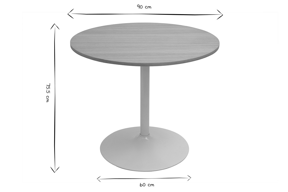 Dimensions de la table � manger ronde en bois et m�tal, D90 cm, en noir et blanc.