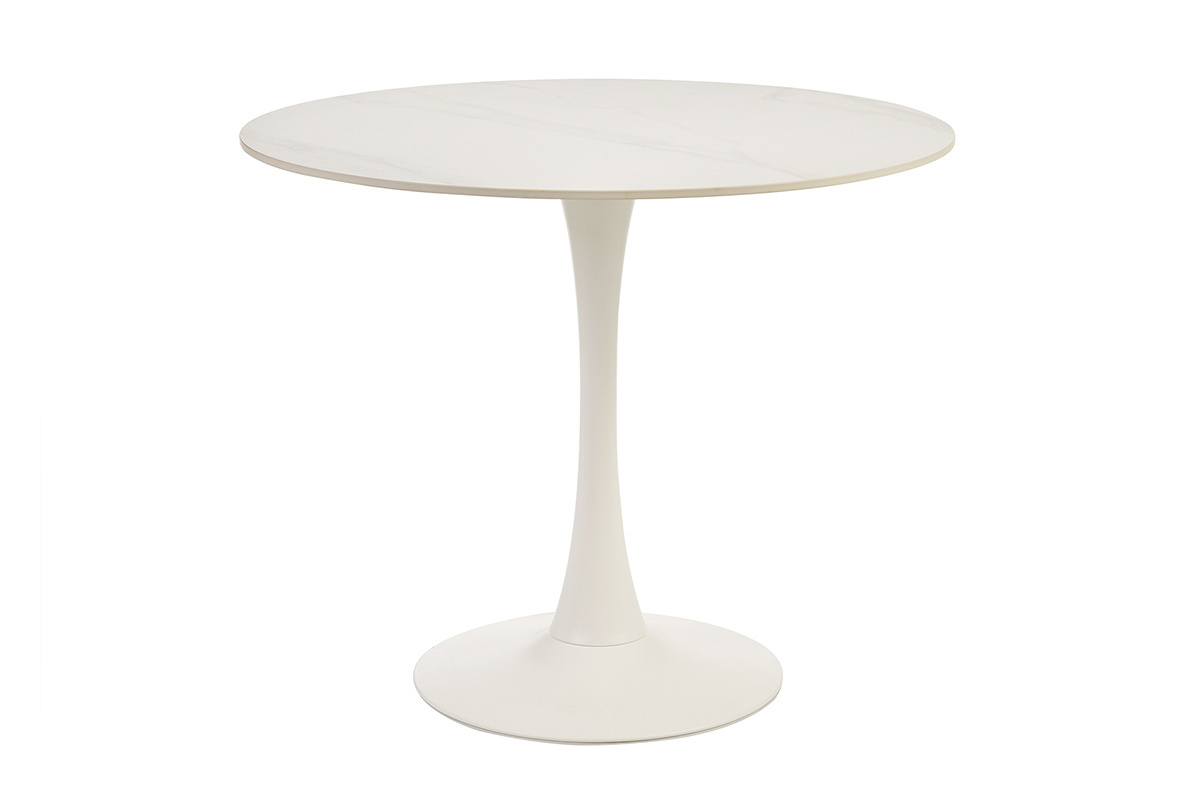 Table ronde en c�ramique blanche avec pied central en m�tal, vue d'ensemble.