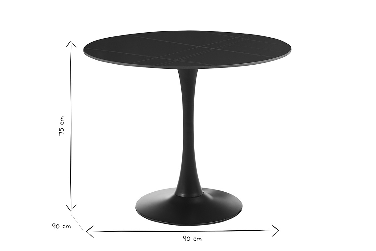 Dimensions de la table � manger ronde en c�ramique noire MALOU, D90 x H75 cm, vue de c�t�, en noir et blanc.