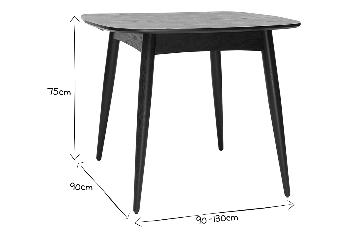 Table � manger NORDECO noire en bois, dimensions 75x90x90-130 cm, vue de c�t�, noir et blanc.