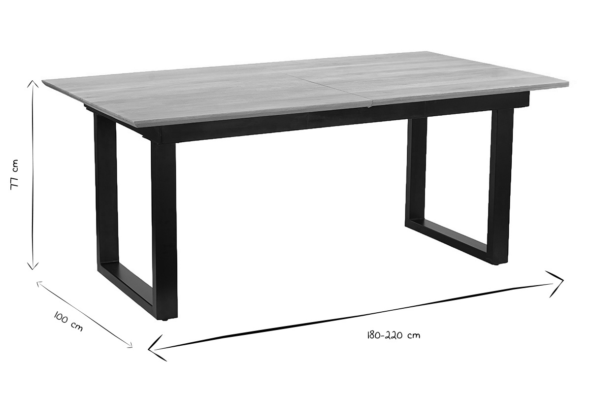 Dimensions de la table � manger extensible : 77 cm de hauteur, 100 cm de largeur, 180-220 cm de longueur, en noir et blanc.