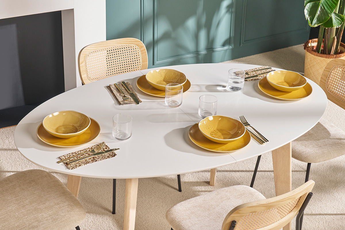Table � manger extensible ovale blanche et bois clair L150-200 cm LEENA