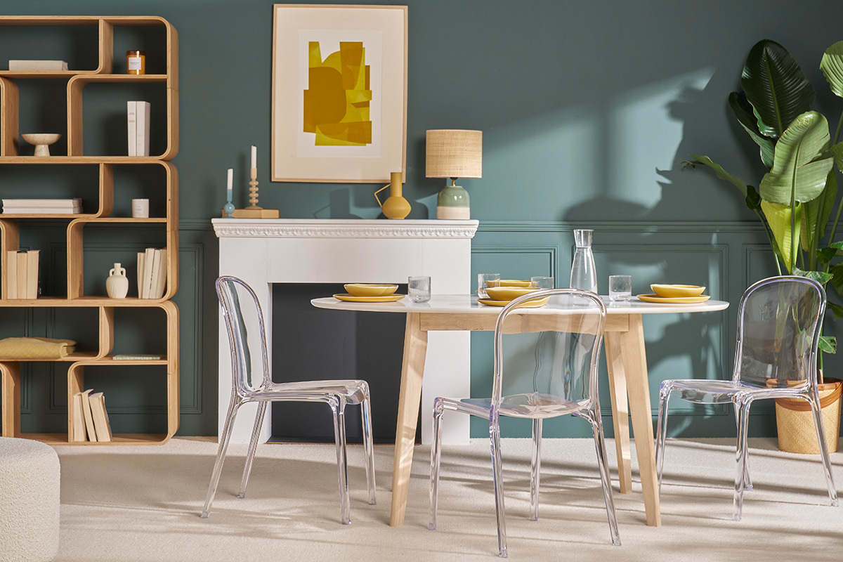 Table � manger extensible ovale blanche et bois clair L150-200 cm LEENA