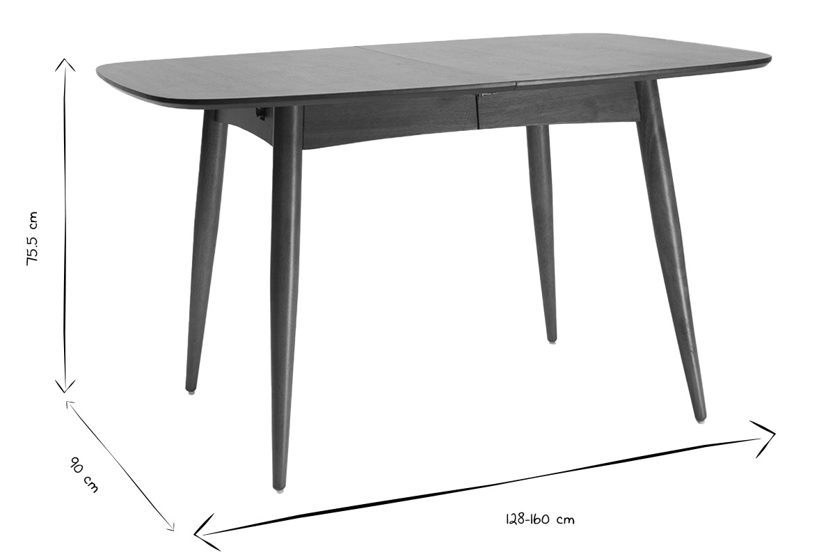 Dimensions de la table � manger extensible NORDECO en noir et blanc, L130-160 cm, H75.5 cm, P90 cm.