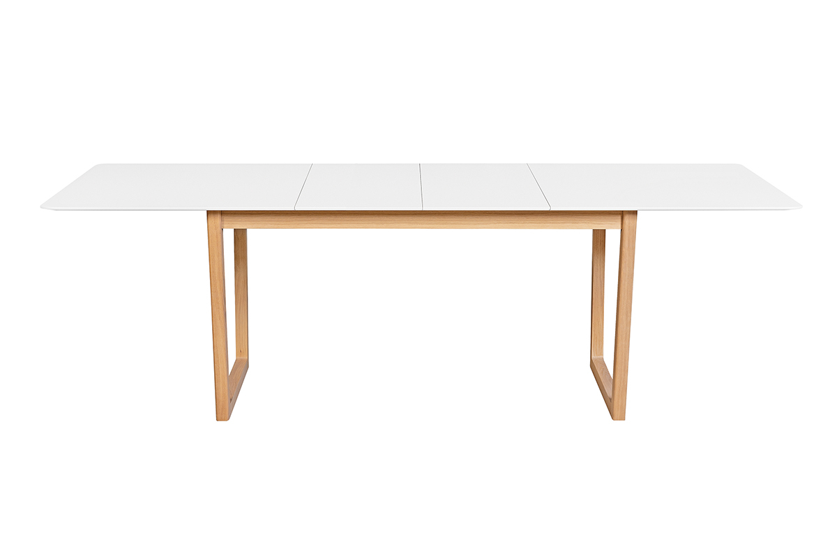 Table � manger extensible rectangulaire rallonges int�gr�es finition blanc et bois clair ch�ne massif L160-240 cm LAHO
