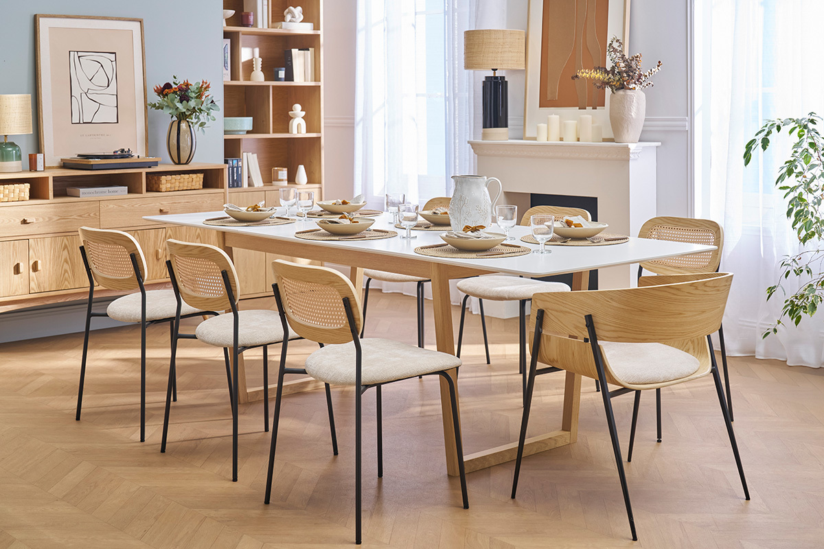 Table � manger extensible rectangulaire rallonges int�gr�es finition blanc et bois clair ch�ne massif L160-240 cm LAHO