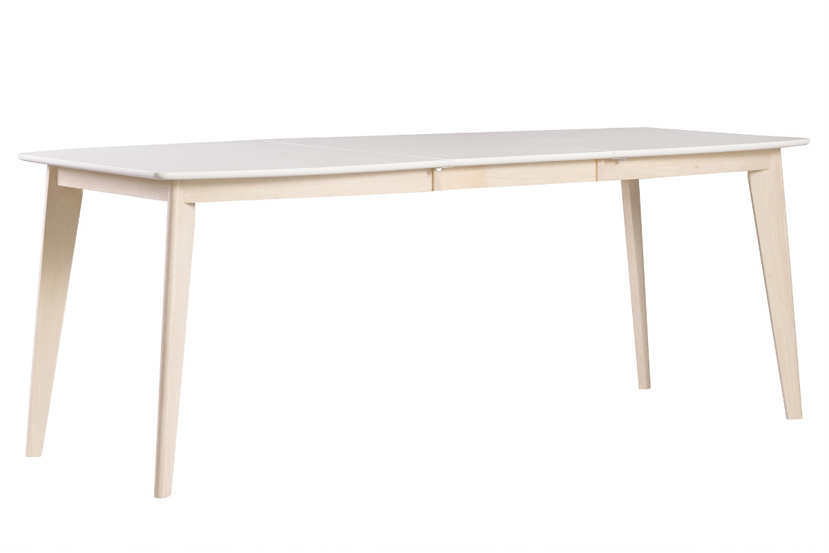 Table � manger extensible scandinave blanche et bois clair, vue de 3/4