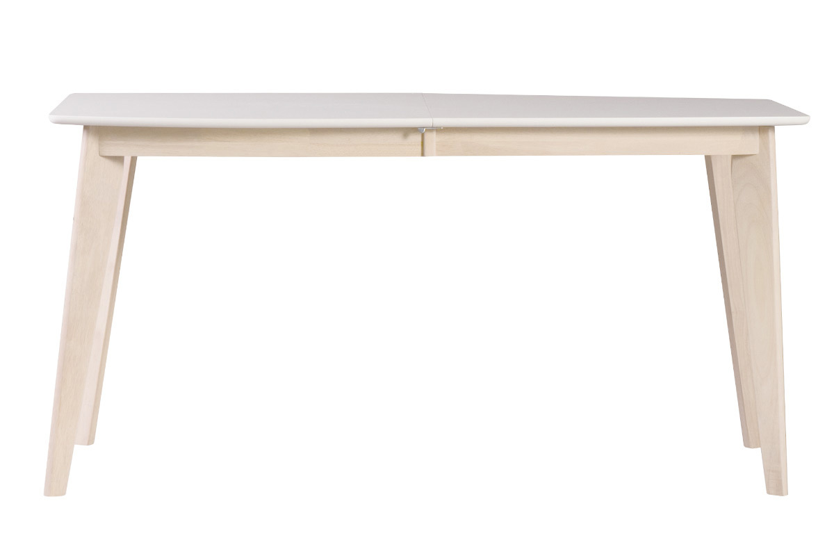 Table � manger extensible scandinave blanc et bois clair vue de face, dimensions L150-200 cm.