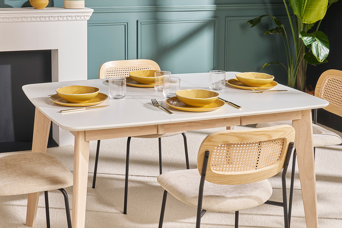 Table � manger extensible scandinave carr�e blanche et bois L90-130 cm LEENA