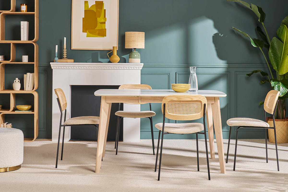 Table � manger extensible scandinave carr�e blanche et bois L90-130 cm LEENA