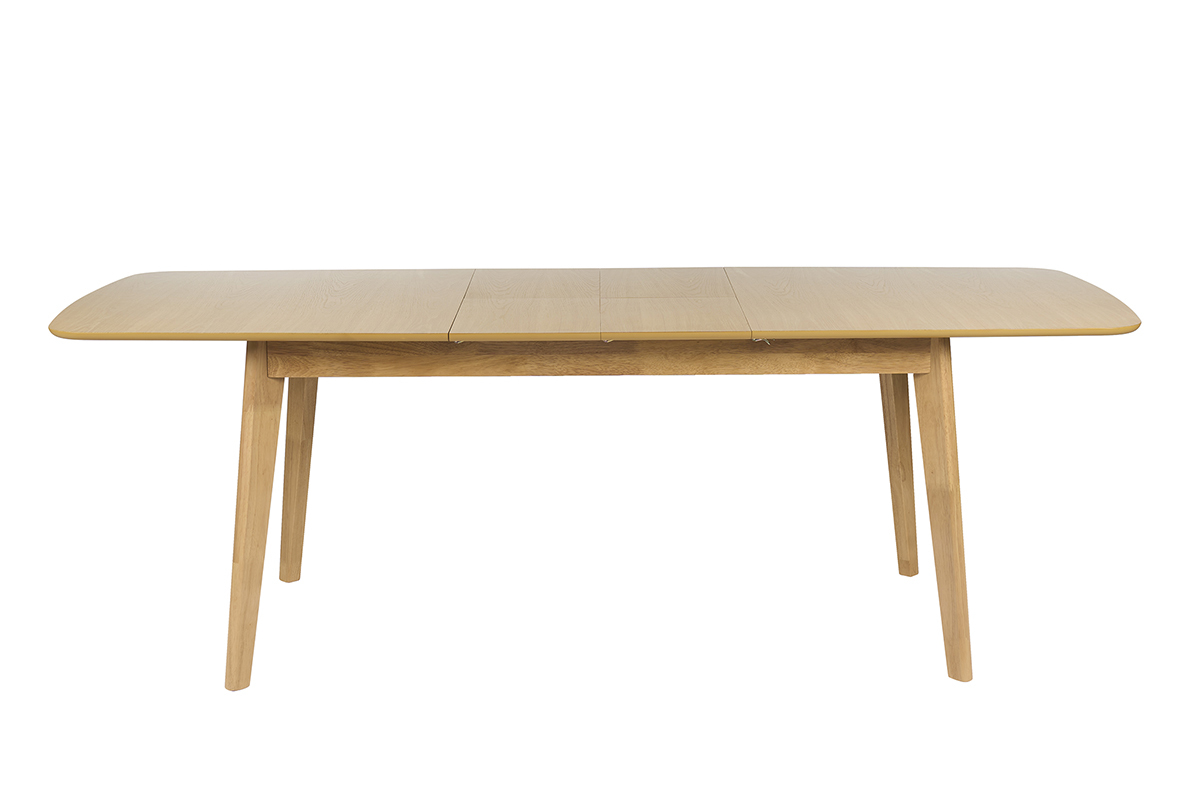 Table � manger extensible en bois clair ch�ne, vue de face avec rallonges d�ploy�es.