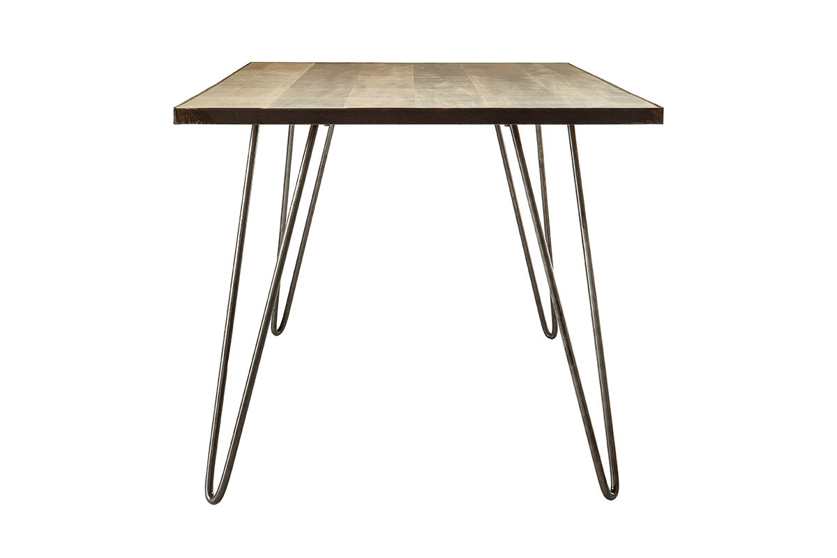 Table � manger industrielle en bois manguier et m�tal, vue de profil
