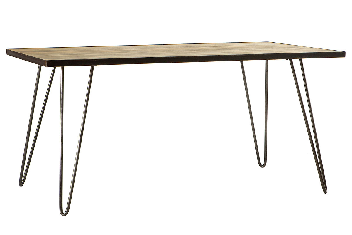 Table � manger industrielle ATELIER en bois manguier massif et m�tal, vue de 3/4.