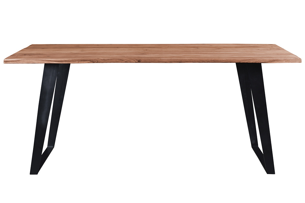 Table � manger rectangulaire en bois massif avec pieds en m�tal noir, vue de face.