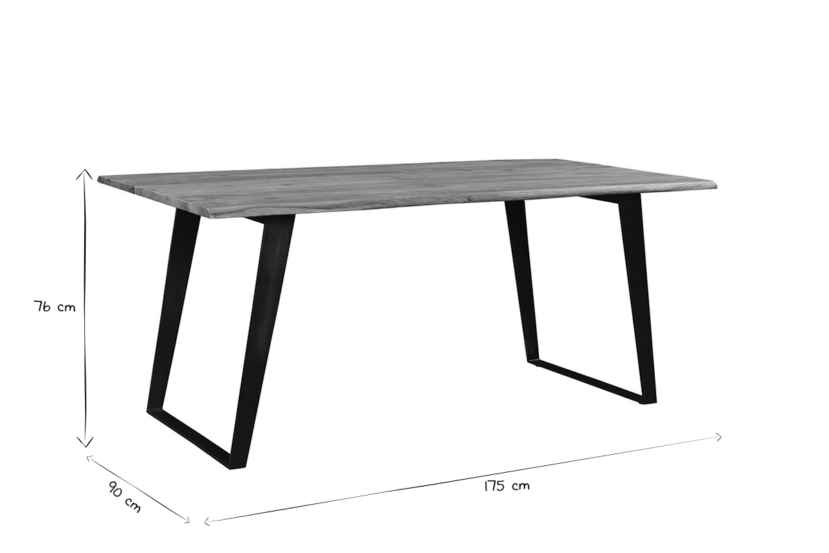 Table � manger rectangulaire en bois et m�tal noir, dimensions L175 x P90 x H76 cm en noir et blanc.