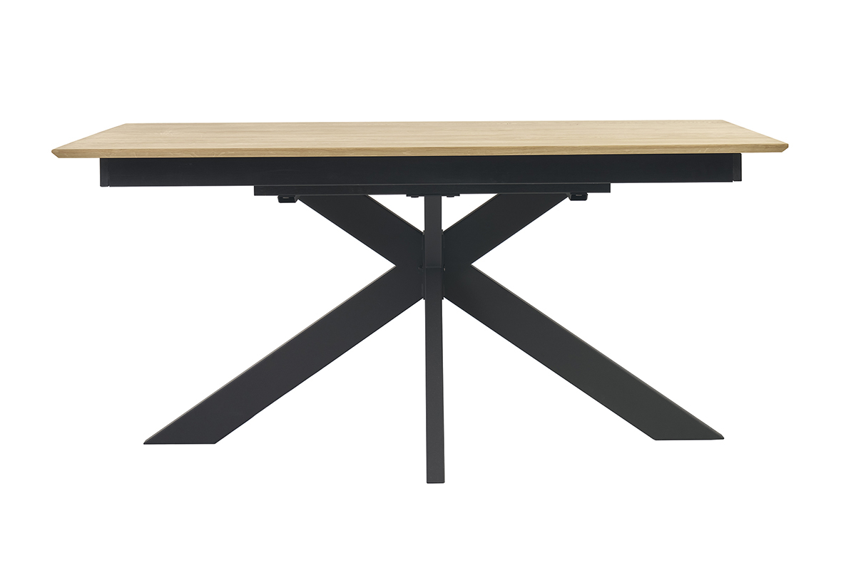 Table � manger rectangulaire extensible en ch�ne massif sur pi�tement en croix, vue de face.