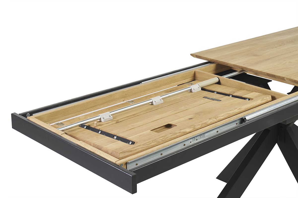 Table � manger AGATA en ch�ne clair avec rallonge papillon int�gr�e, vue de dessus.