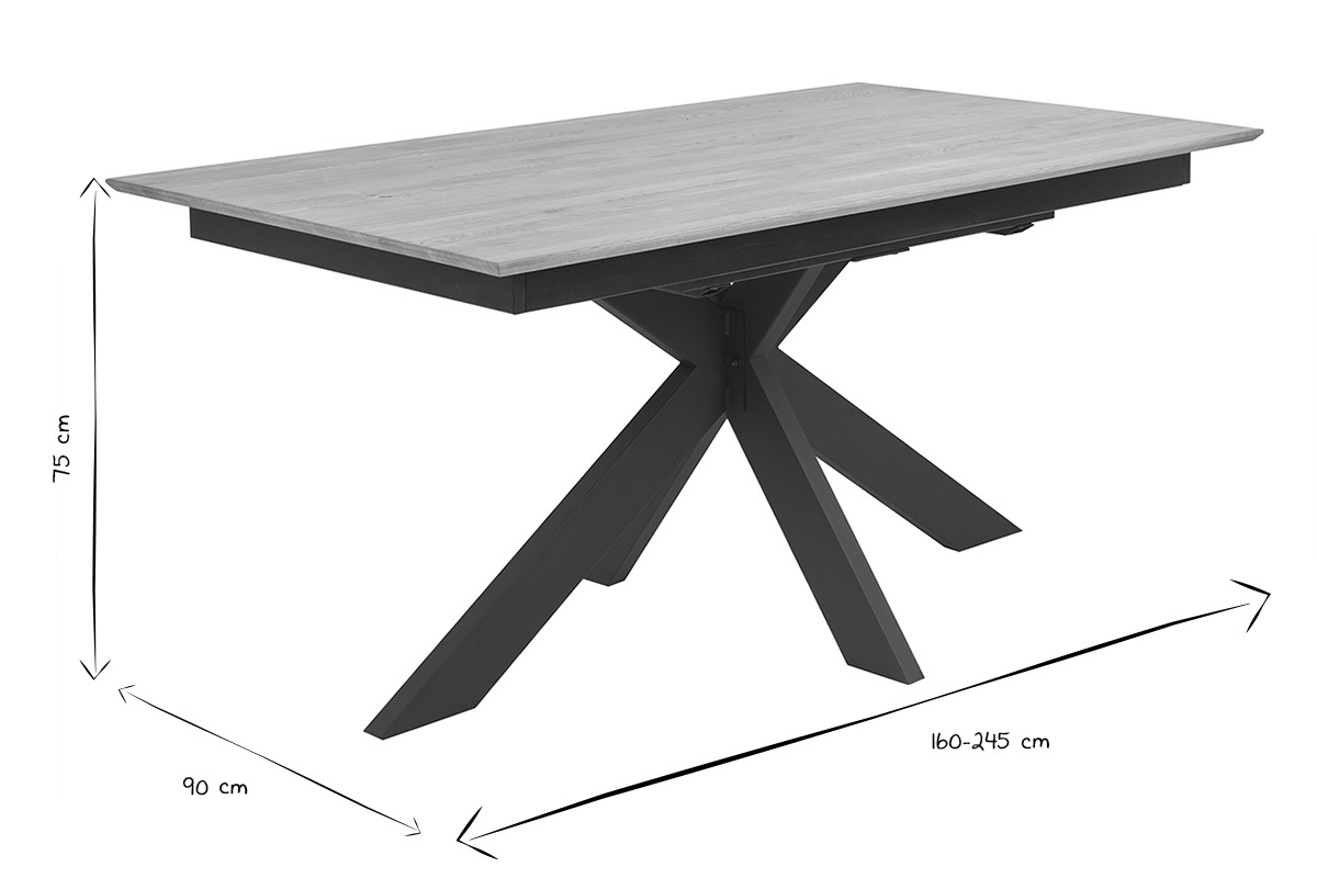 Table � manger AGATA extensible en ch�ne massif, dimensions 160-245x90x75 cm, vue en noir et blanc.