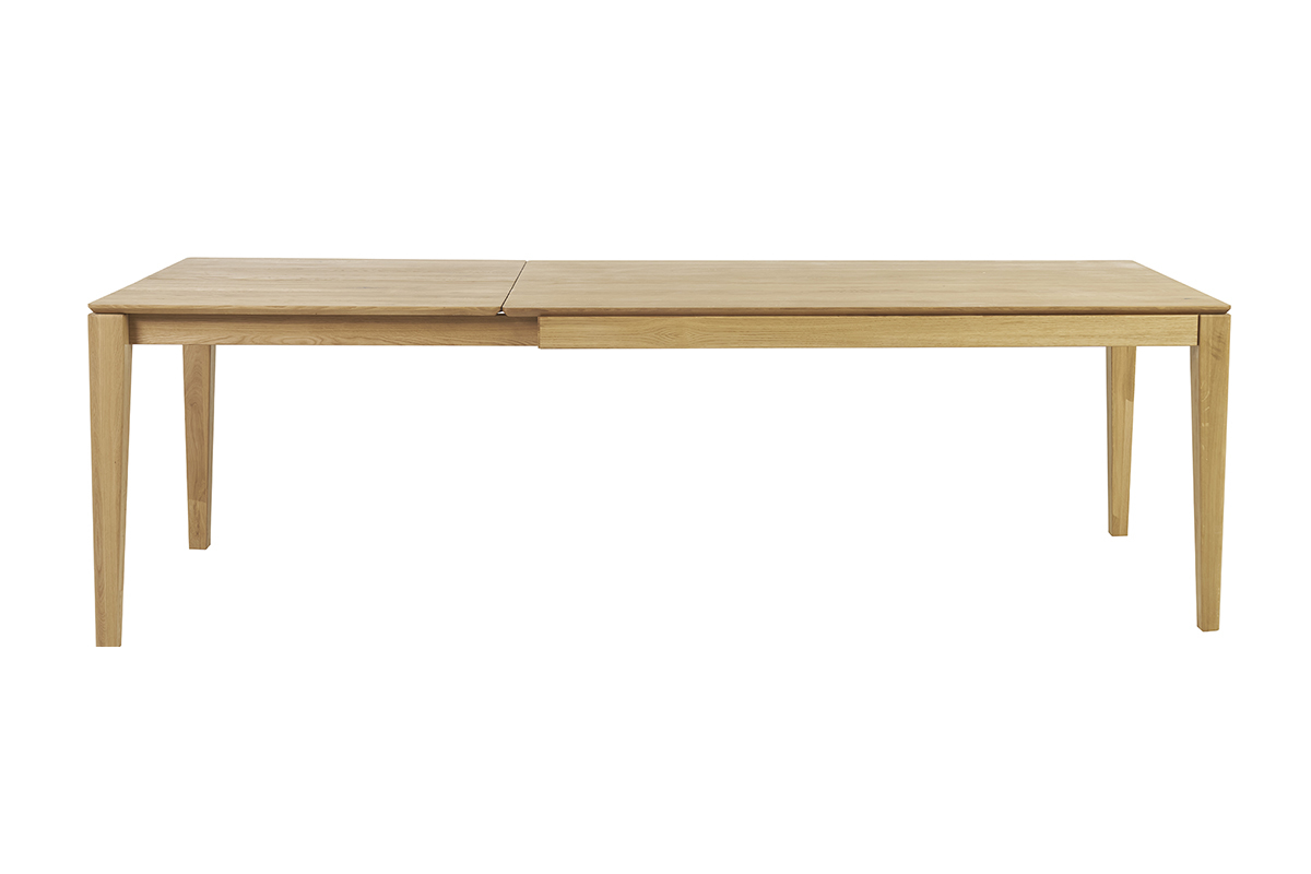 Table � manger rectangulaire en bois clair avec rallonge vue de face.